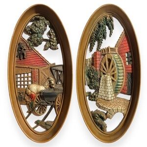 Vintage 1965 Burwood Wall Plaques Oval Cabin Farm Water Wheel USA LOT of 2 Decor